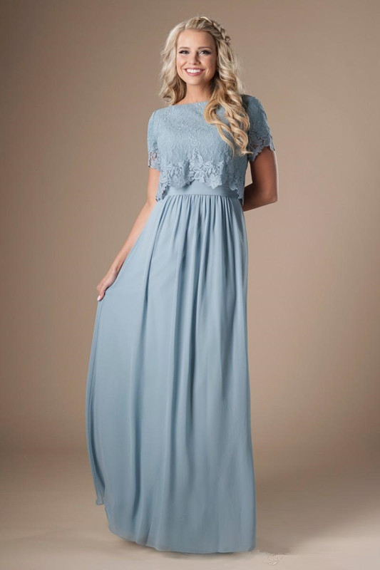 Sky Blue Long Modest Bridesmaid Dresses With Short Sleeves Lace Top A-Line Formal Boho Rustic Religious Wedding Party Dress Z43 0510