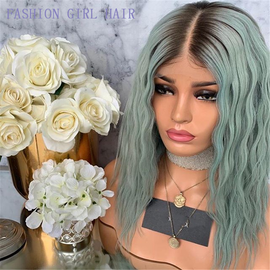 New middle part water wave Bob Wig Ombre green color brazilian Lace Front wig Pre Plucked Short synthetic Wigs for Black Women