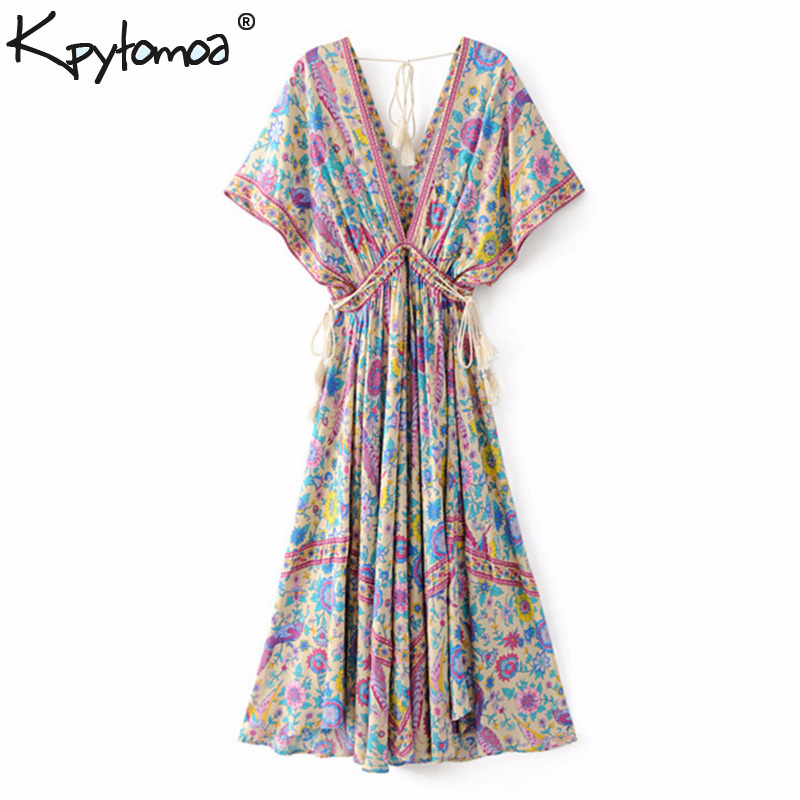 Boho Chic Summer Vintage Bird Floral Print Long Dress Women 2019 Fashion V Neck Lace Up Tassel Beach Dresses Vestidos Mujer Y19012102