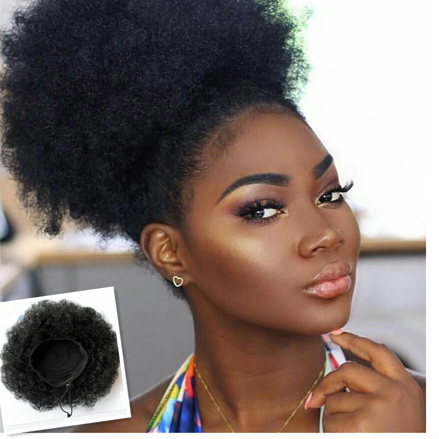 100 human jet Puff Afro curly #1 Ponytail Drawstring Short Afro Kinky Pony Tail Clip in on Human Kinky Curly Hair Bun