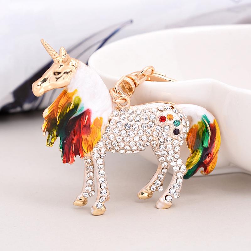 Lucky Unicorn Pendant Keychains Colourful Enamel With Rhinestone Gold Color Metal Charms Key Chains Rings For Women Children