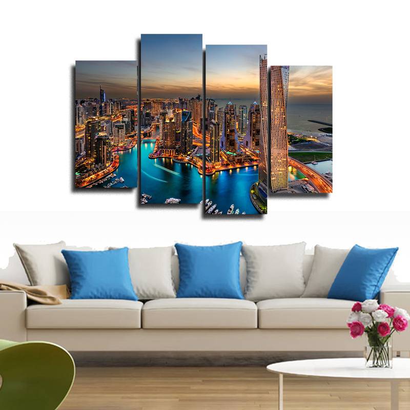 4pcs/set Unframed Dubai Bright Lights Print On Canvas Wall Art Picture For Home and Living Room Decor