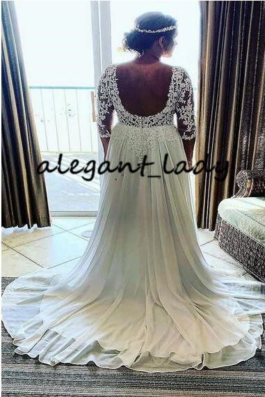 Lace Chiffon Beach Greek Goddess Wedding Dresses with Half Sleeve 2020 Modern Backless Jewel Neck Bohemian Bride Wedding Gown