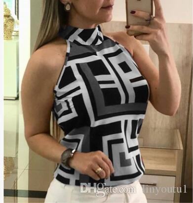 2020 Men's Fashion Summer Sexy Sleeveless Neck Stitching Printed Chiffon T-shirt Top for Women crop top
