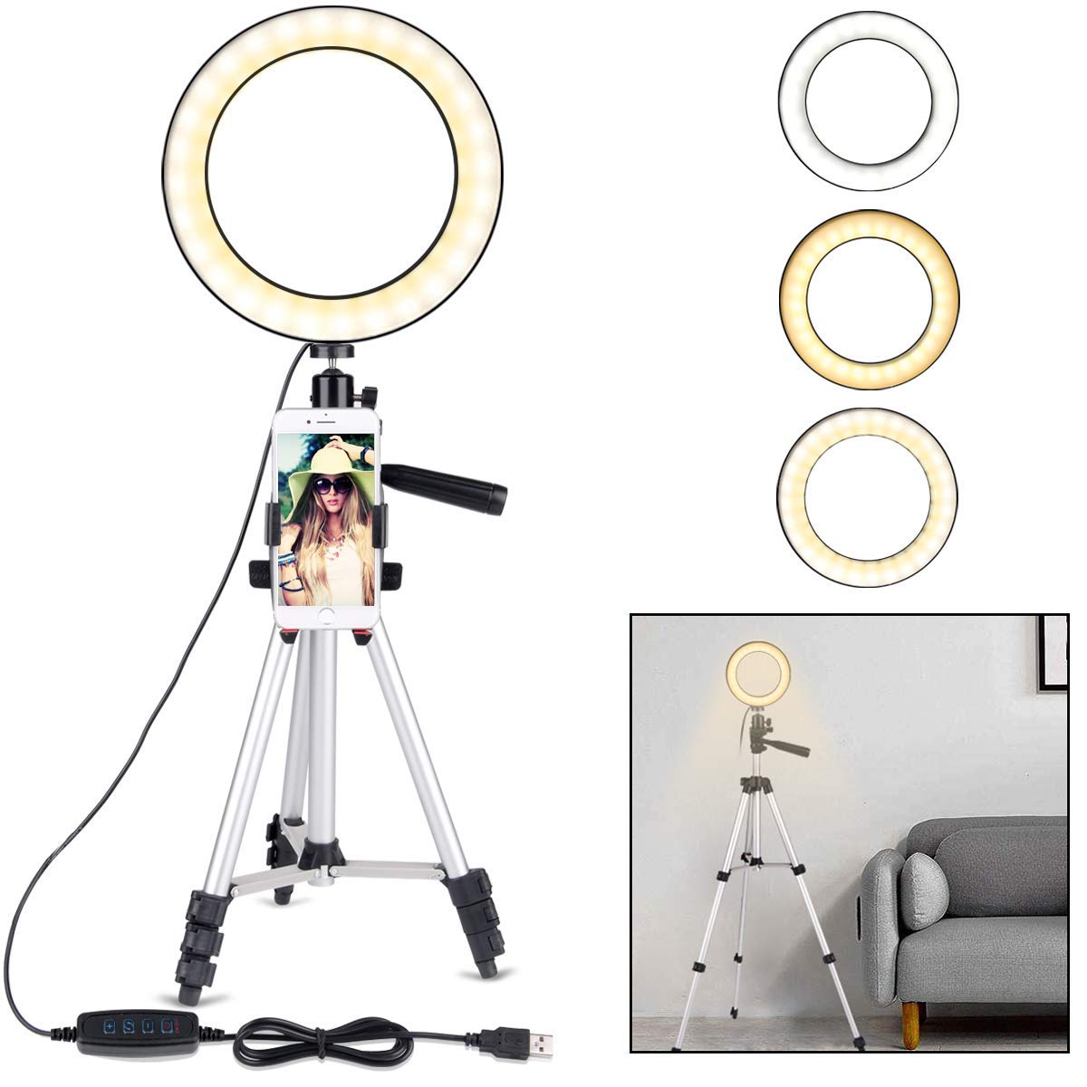 Ring Light with Tripod Stand for YouTube Video and Makeup, Mini LED Camera Light with Cell Phone Holder Desktop LED Lamp with 3 Light M
Ring Light with Tripod Stand for YouTube Video and Makeup, Mini LED Camera Light with Cell Phone Holder Desktop LED Lamp with 3 Light M