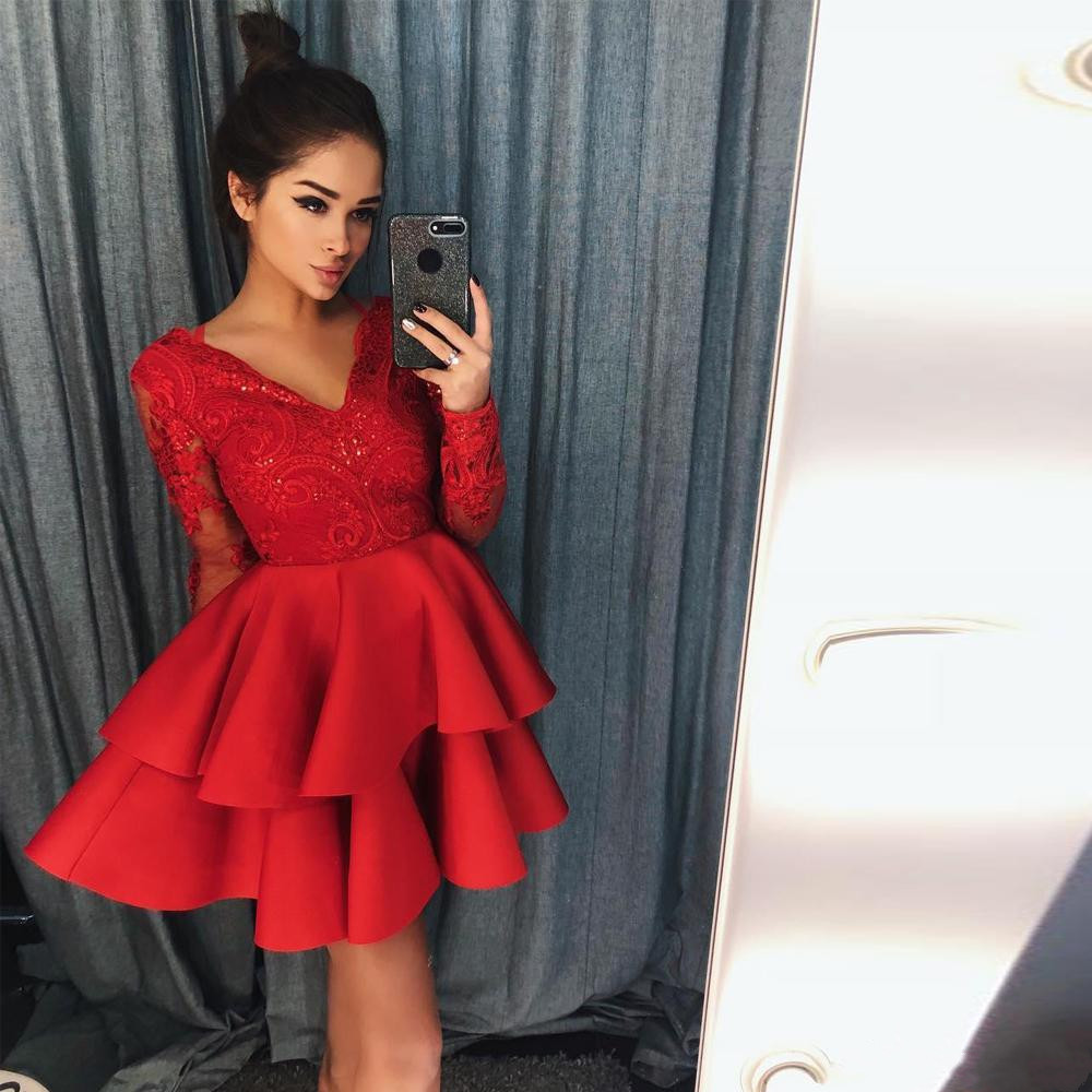 Cheap A Line Blue Homecoming Dresses 2019 V Neck Long Sleeve Appliques Sequin Ruched Bottom Party Skirt Girls Cocktail Dress