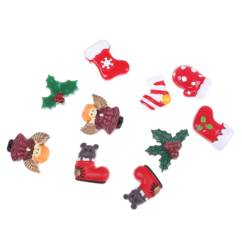 10pcs Mixed Resin Christmas Series Crafts Flatback Cabochon Scrapbooking Decorations Fit Hair Clips Embellishments Beads Diy