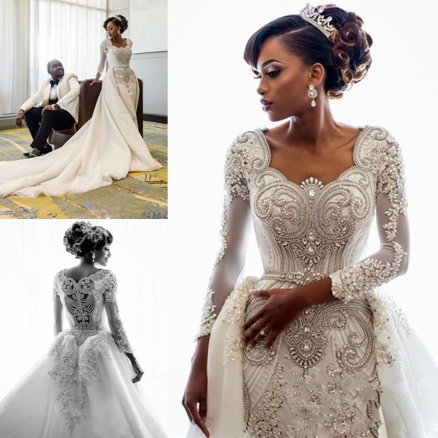Beaded Gorgeous Mermaid Lace Wedding Dresses With Detachable Train Scoop Neck Pearls Bridal Gowns Long Sleeves Sequined Robes De Mari E