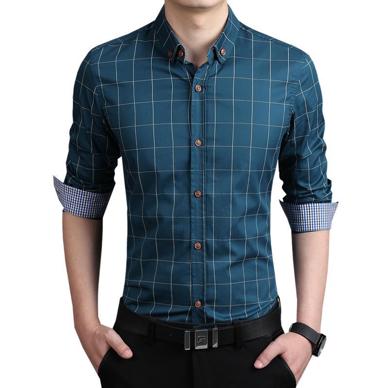 Plaid Shirt Men Long Sleeve Slim Fit White M5XL 100% Cotton Dress Shirts Male Clothes Social Vintage Summer Casual Shirts Men