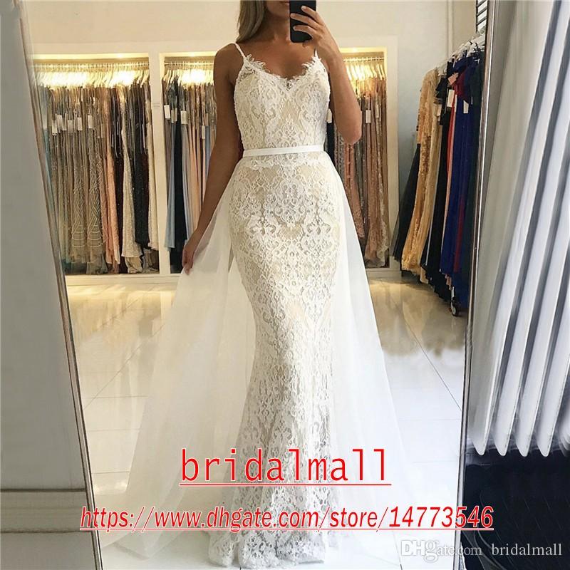 Green Sexy Dark Lace Mermaid Dresses With Detachable Train Spaghetti Straps Formal Pageant Prom Dress Cheap Party Evening Gowns