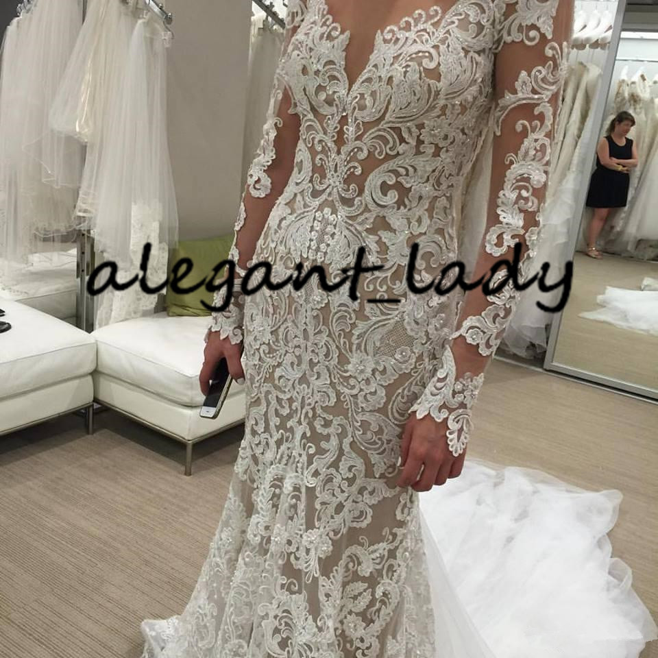 Illusion Long Sleeve Wedding Dresses 2020 Berta Lace Applique Covered Buttons Chapel Train Countryside Garden Bride Reception Dress