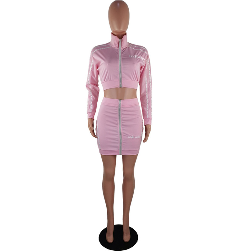 Zippers Striped Patchwork Two Piece Set Women Stand Collar Long Sleeve Crop Tops+High Waist Mini Skirts 2 Piece Female Tracksuit