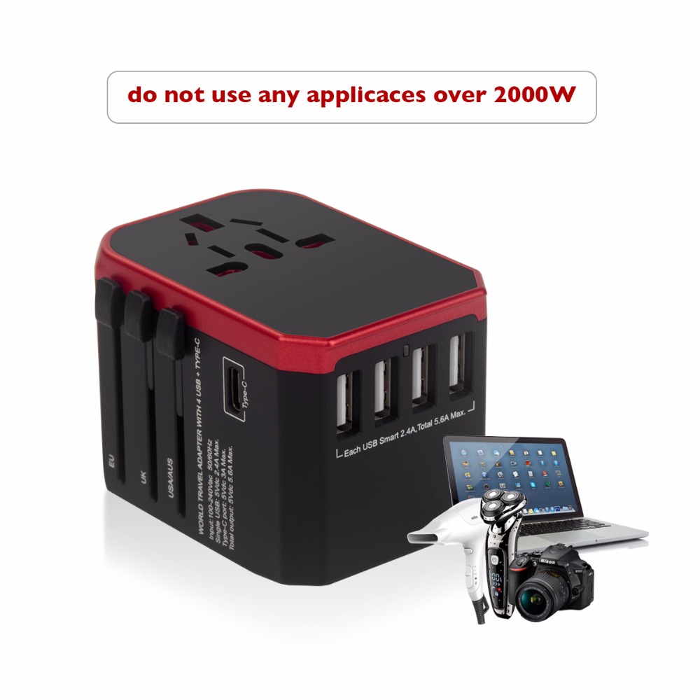 USB Type C Travel Power Plug Adapter 5 USB Ports 4 USB Type A 1Type C Wall Charger for Type I C G A Outlets EU Euro US UK