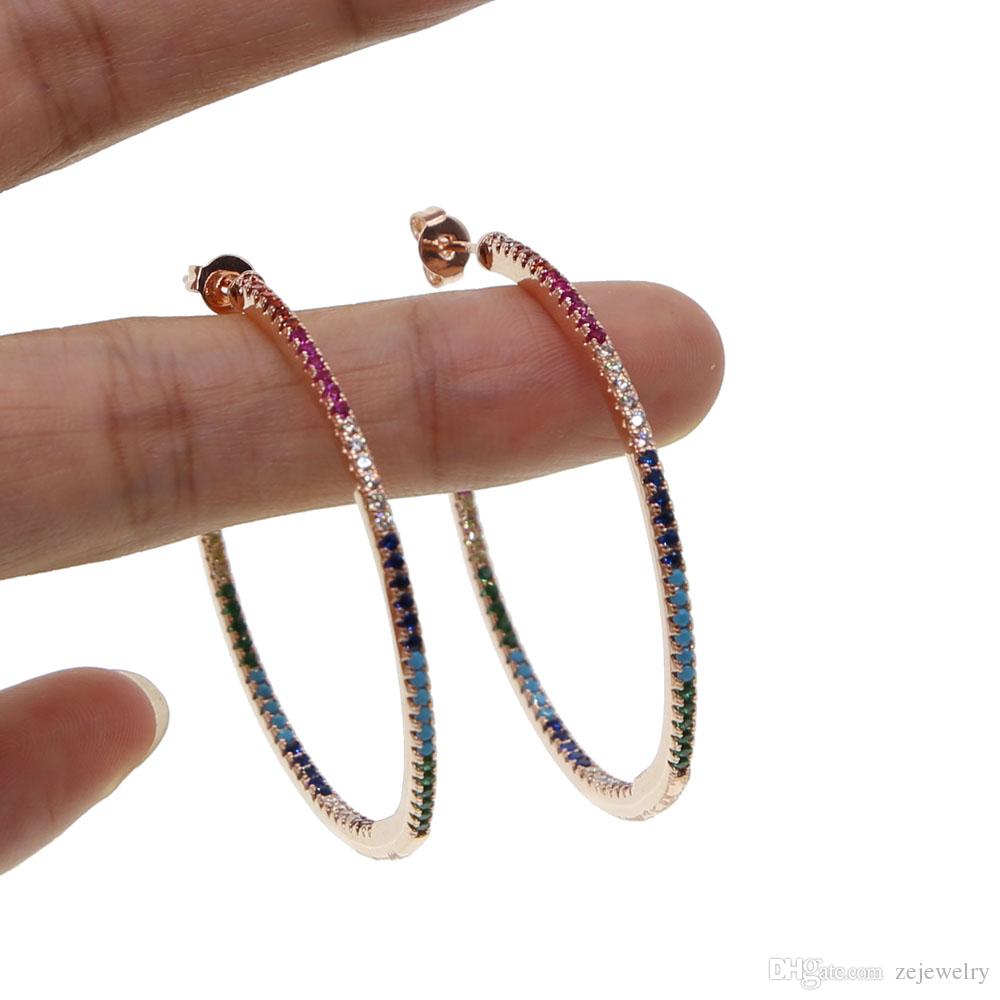 2024 Top quality delicate rainbow CZ hoop earring with colorful Rhinestone 45 mm Circle earring for women rose gold color fashion jewelry