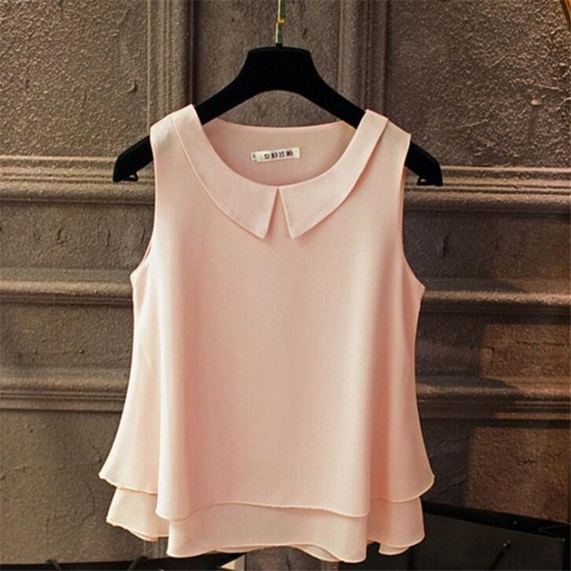 Large Size Blouse Shirt Women 2020 Female Solid Color Double Layer Chiffon Shirts Casual Sleeveless Loose Top Plus Size Clothing