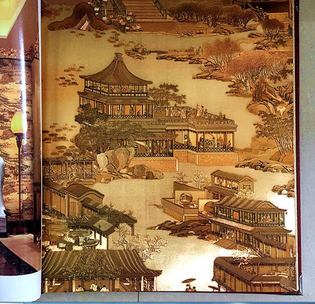 Qingming Shanghe 3D wallpaper landscape natural silk fiber gold restaurant classical Chinese decorative wallpaper