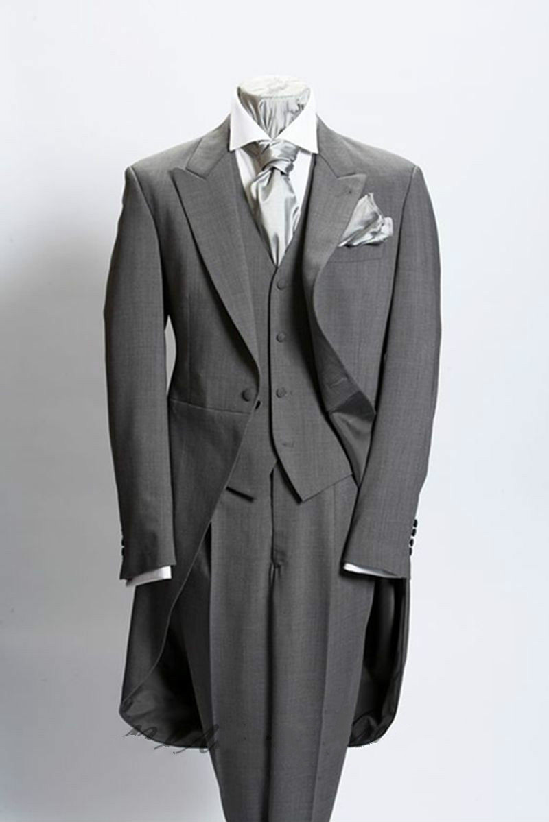 Dim Gray Trim 3Pcs Mens Suits With Tail Coat Slim Fit 40r 42r 44r 46r Custom Made Wedding Tuxedos