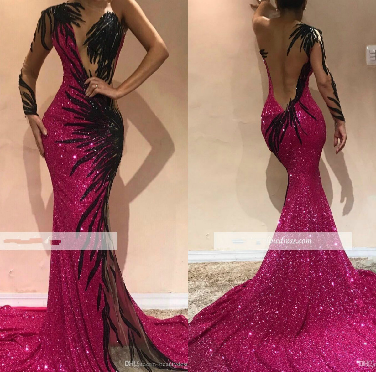2019 Gorgeous Fuchsia Mermaid Evening Dresses Sexy Open Back Sequined One Shoulder Sexy Prom Gowns Arabic Pageant Celebrity Dress