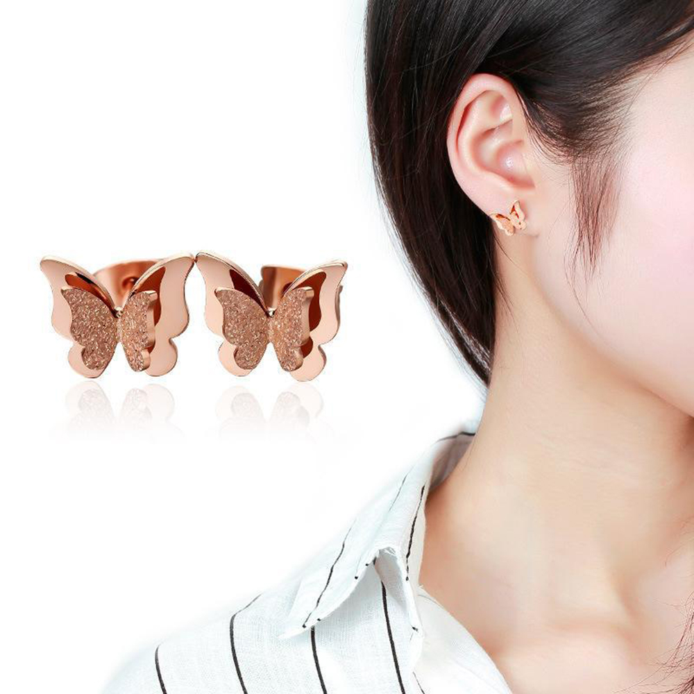Charm Shining Scrub Butterfly Stud Earrings Jewelry Stainless Steel 14K Gold Plated Earrings Women Girl's Gift