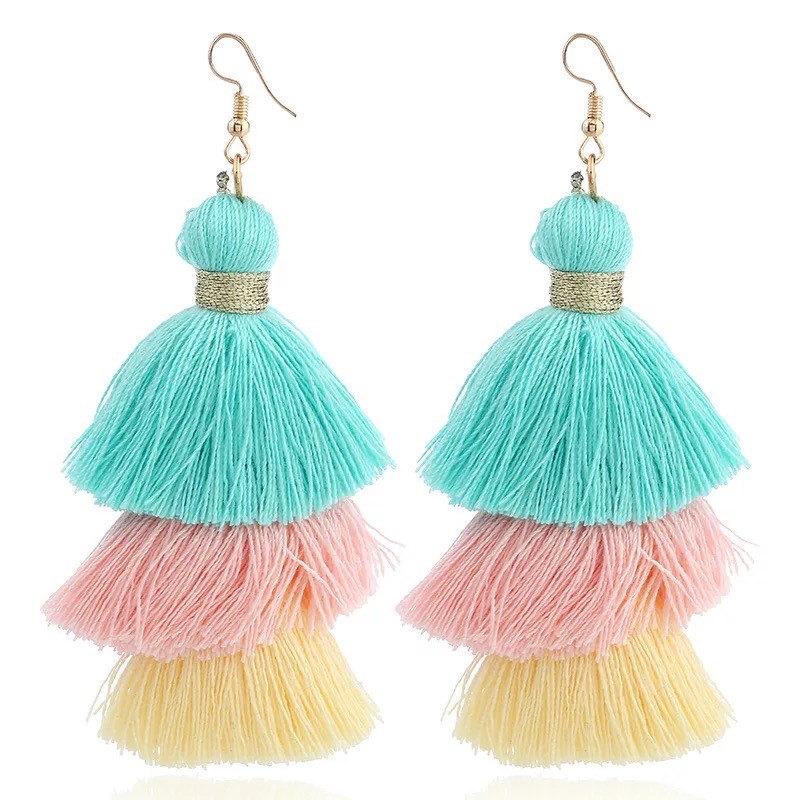 9 Colors Handmade Long Tassels Earring Dangle & Chandelier Three Layers Color Match Fringe Ear Drop Bohemia Style Stud Jewelry Women Wholesale