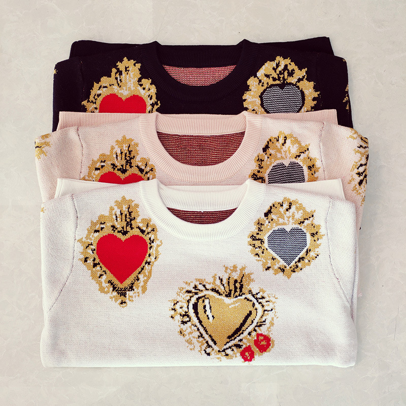 2019 Autumn Sweater Women Winter Heart Pattern Printed Knitwear Pullover Loose Jumper Vintag Warm Office Lady Knitted Sweater V191130