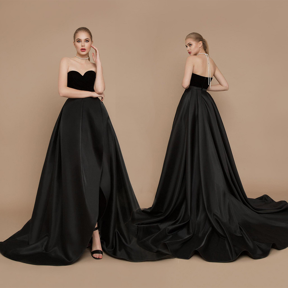 Riccasposa Black Satin Evening Dresses Sweetheart Neck Front Split Prom Gowns Sweep Train Backless Formal Party Gowns