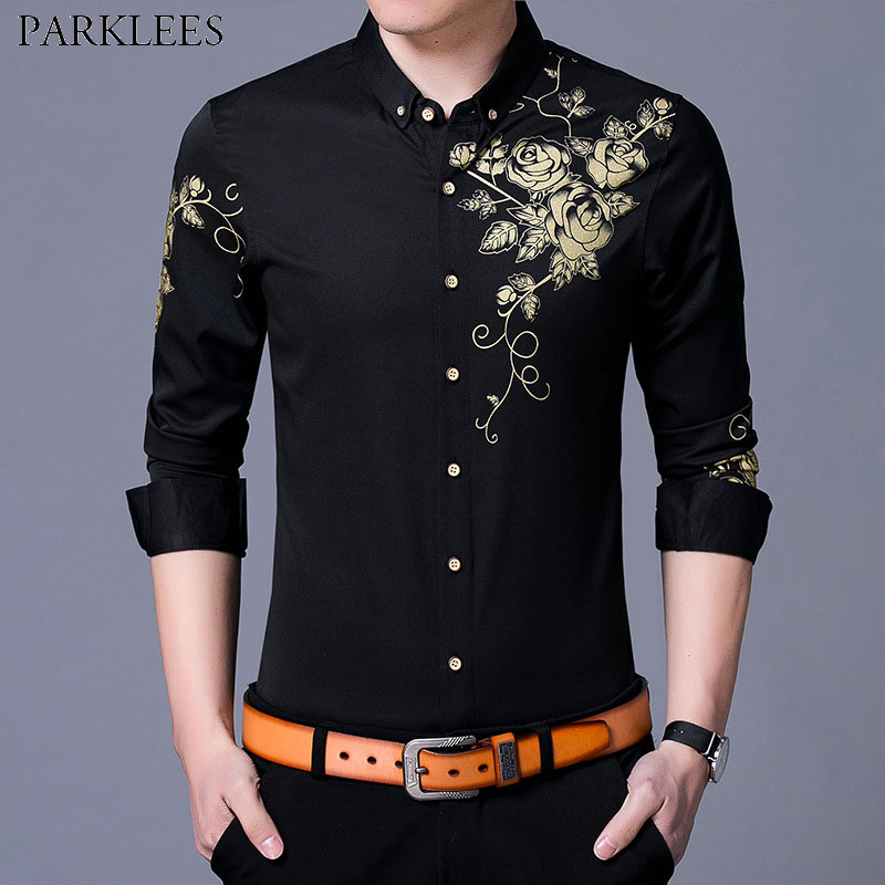 Golden Rose Flower Print Black Shirt Men 2018 Autumn New Slim Fit Long Sleeve Mens Dress Shirts Casual Button Down Chemise Homme, White
Golden Rose Flower Print Black Shirt Men 2018 Autumn New Slim Fit Long Sleeve Mens Dress Shirts Casual Button Down Chemise Homme, White