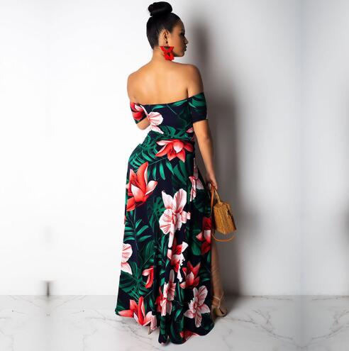 Boho Printed Summer Beach Maxi Dress Strapless Off Shoulder Sexy High Slit Sundress Womens Robe Hollow Out Long Dr