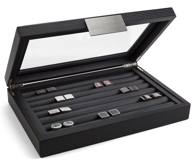 2020011031 Cufflink Box for Men - Holds 70 Cufflinks Luxury Display Jewelry Case -Carbon Fiber Design - Metal Buckle Holder, Large Glass Top, Black
2020011031 Cufflink Box for Men - Holds 70 Cufflinks Luxury Display Jewelry Case -Carbon Fiber Design - Metal Buckle Holder, Large Glass Top, Black