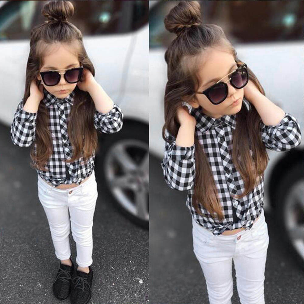 Kids clothes girls Clothing Set 2PCs Baby Outfits Clothes Plaid T-shirt Blouse Tops Long Pants Set roupas menina