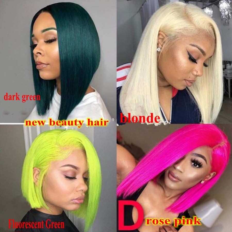 180density full Side Part blue short lace front Wig With Baby Hair 360 lace Synthetic bob Wigs For Black Women blonde/green/ rose pink