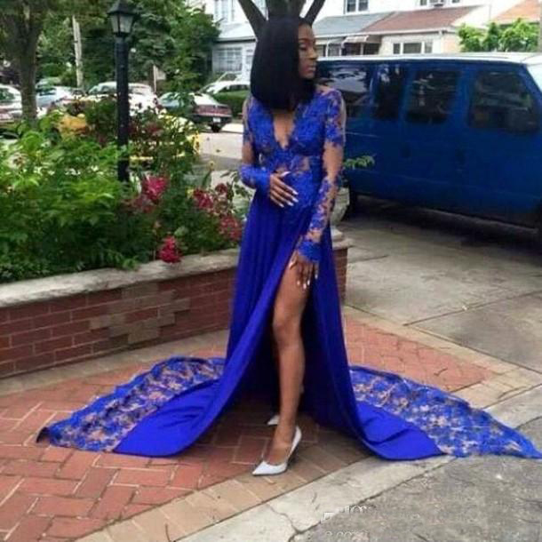 Black Girls Royal Blue Prom Dresses Long Sleeves A Line Sheer V Neck Appliques Front Split Plus Size Party Dress
