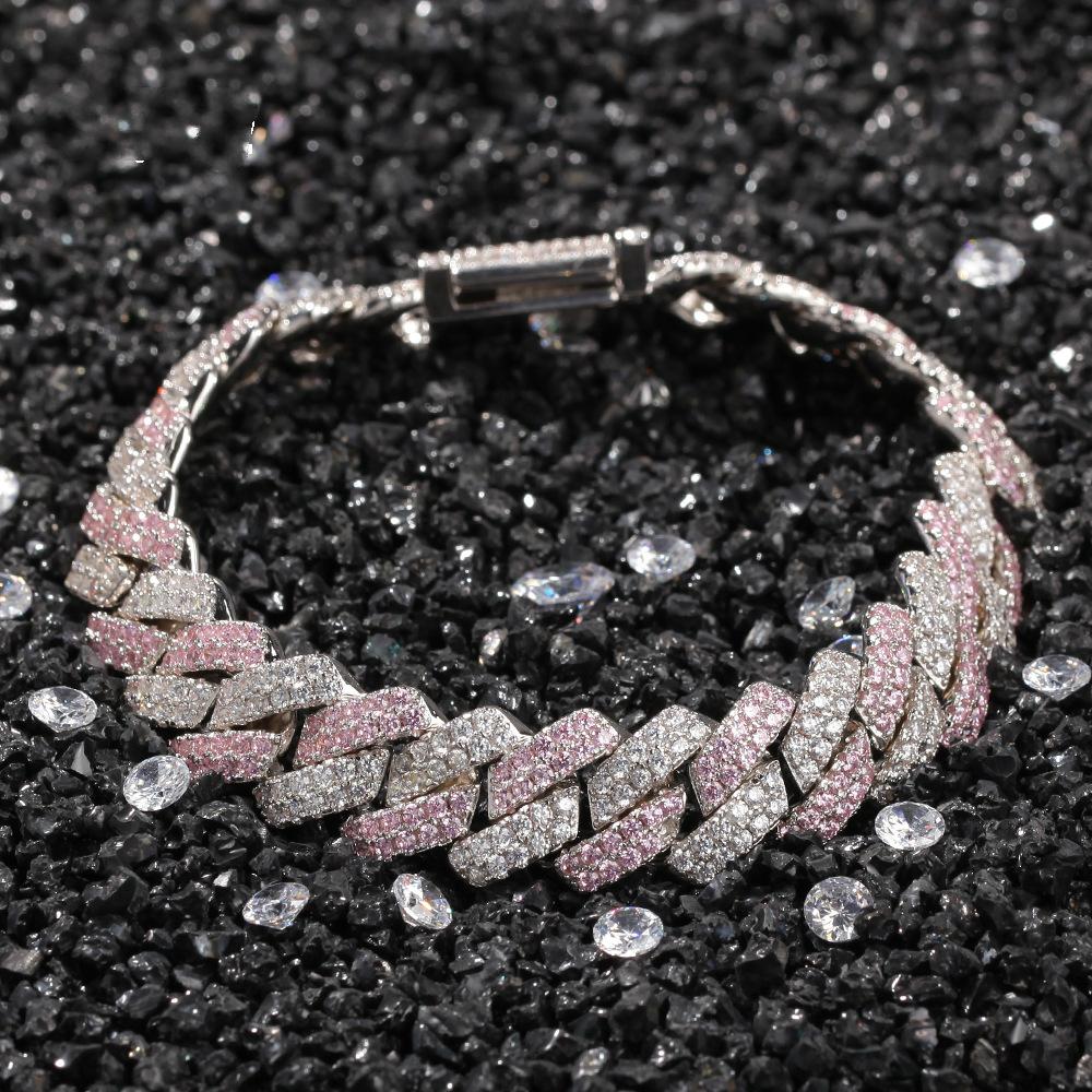 New 13mm 20mm Bling Pink Diamond Mens Cuban Link Chain Bracelets Cubic Zirconia Bangle Wristband Hip Hop Jewelry Masculina Bijoux for Men
