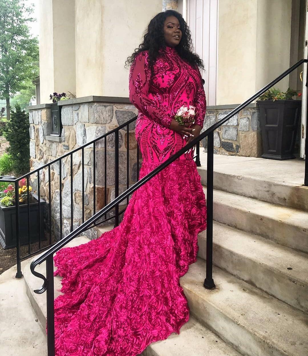 2020 Fuchsia Mermaid Plus Size Prom Dresses High Neck Lace Formal Dress Sweep Train Ruffled Long Sleeves Evening Gowns