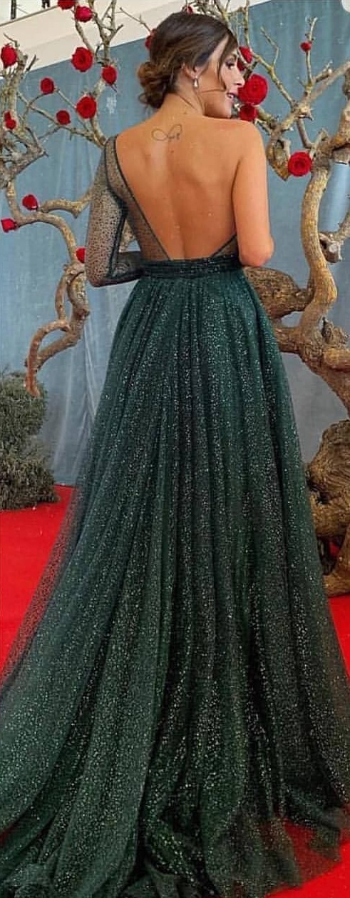 Charming Hunter Green Prom Dresses One Shoulder One Long Sleeve Sequined Tulle Backless Evening Gowns Sweep Train Dubai Arabic Formal Party Dress