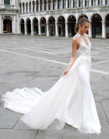 2020 Berta Mermaid Wedding Dresses With Detachable Train Lace Appliques Bridal Gowns Backless Sweep Train Plus Size Wedding Dress