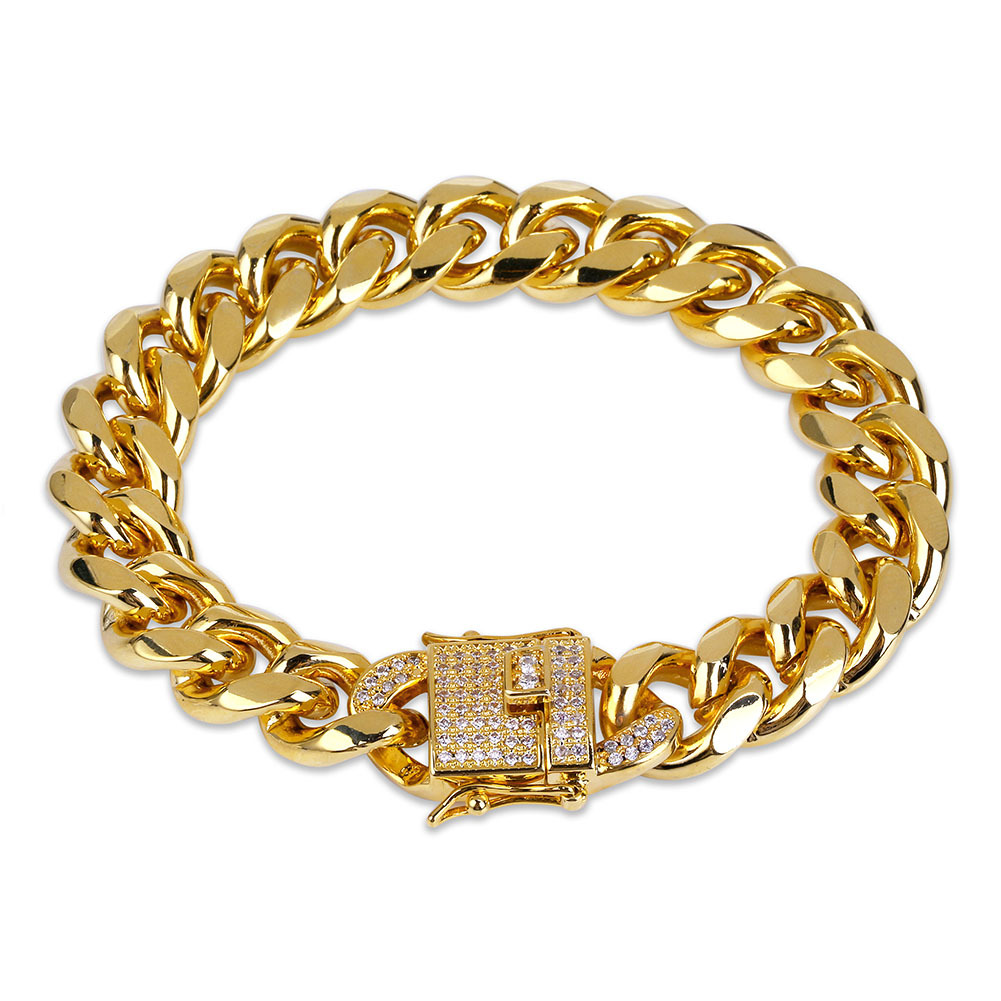 6mm-14mm Hip Hop Cuban Chain Bracelet Full Zircon Dragon Buckle 18K Real Gold Plated Cool Men Bangle Jewelry