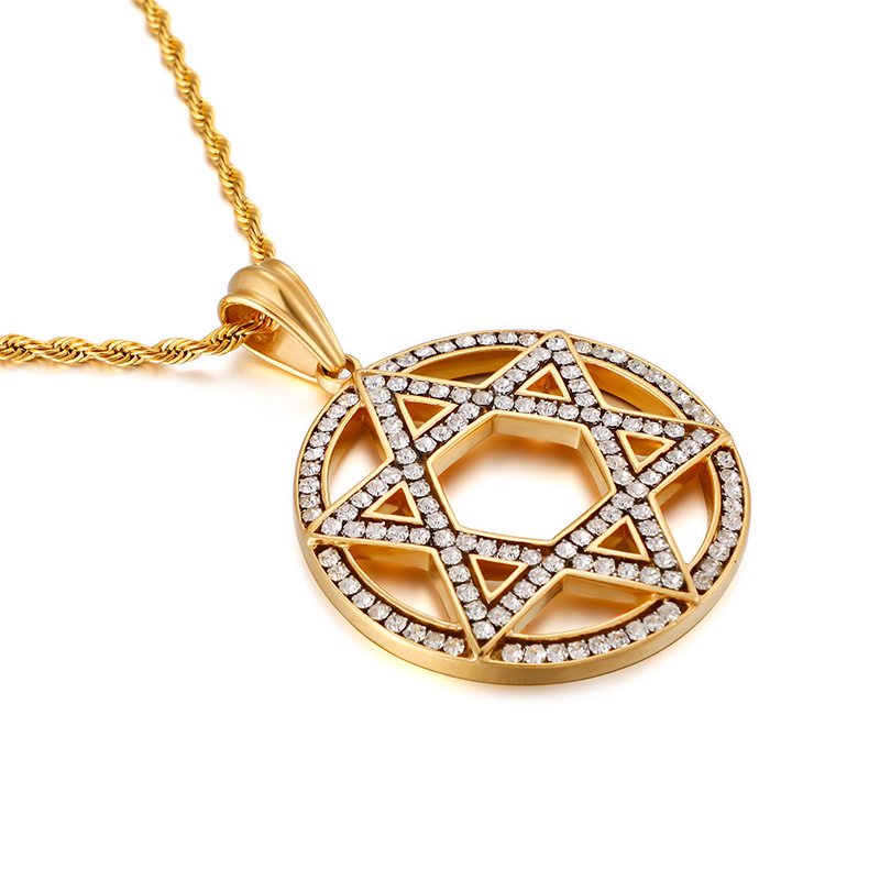 Men's Hip Hop Six-star Pendants Necklace 316L Stainless Steel Full Cubic Zirconia Setting 18K Gold Plated Jewelry