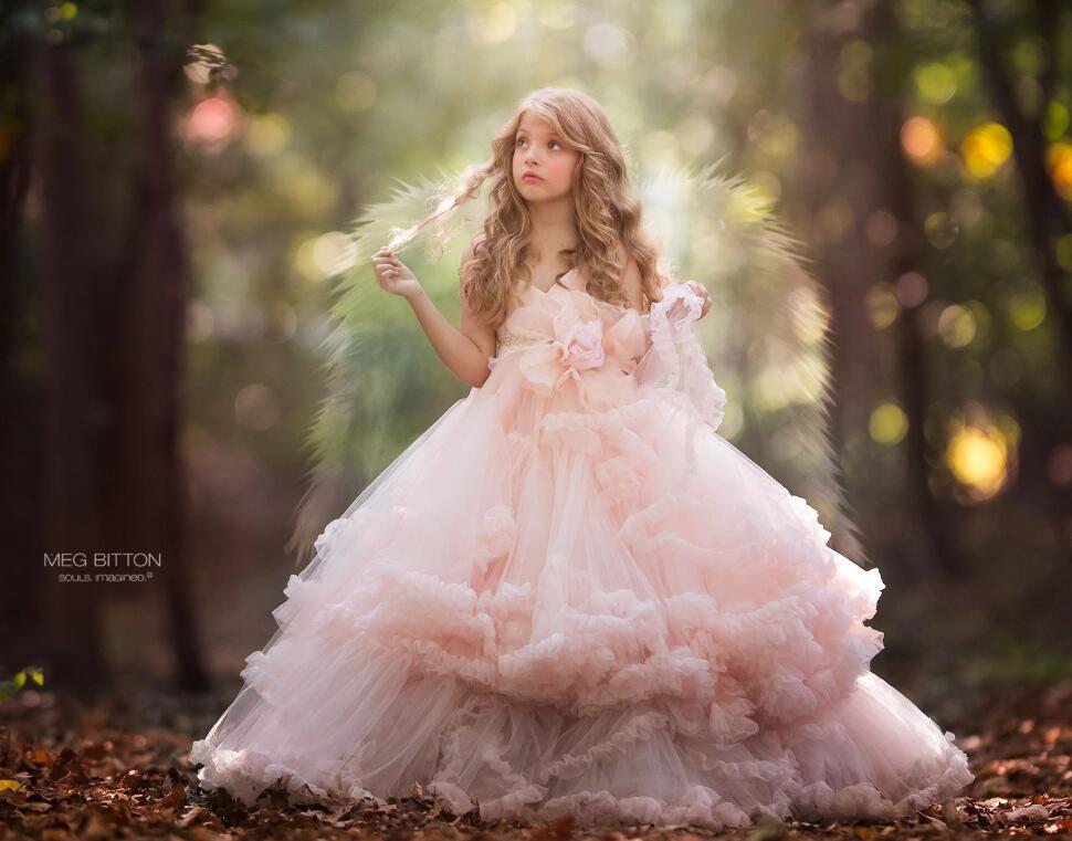 2020 Princess Light Pink Flower Girls Dresses Spagheti Tiered Ruffles Puffy Girl Pageant Birthday Kids Dress For Wedding
