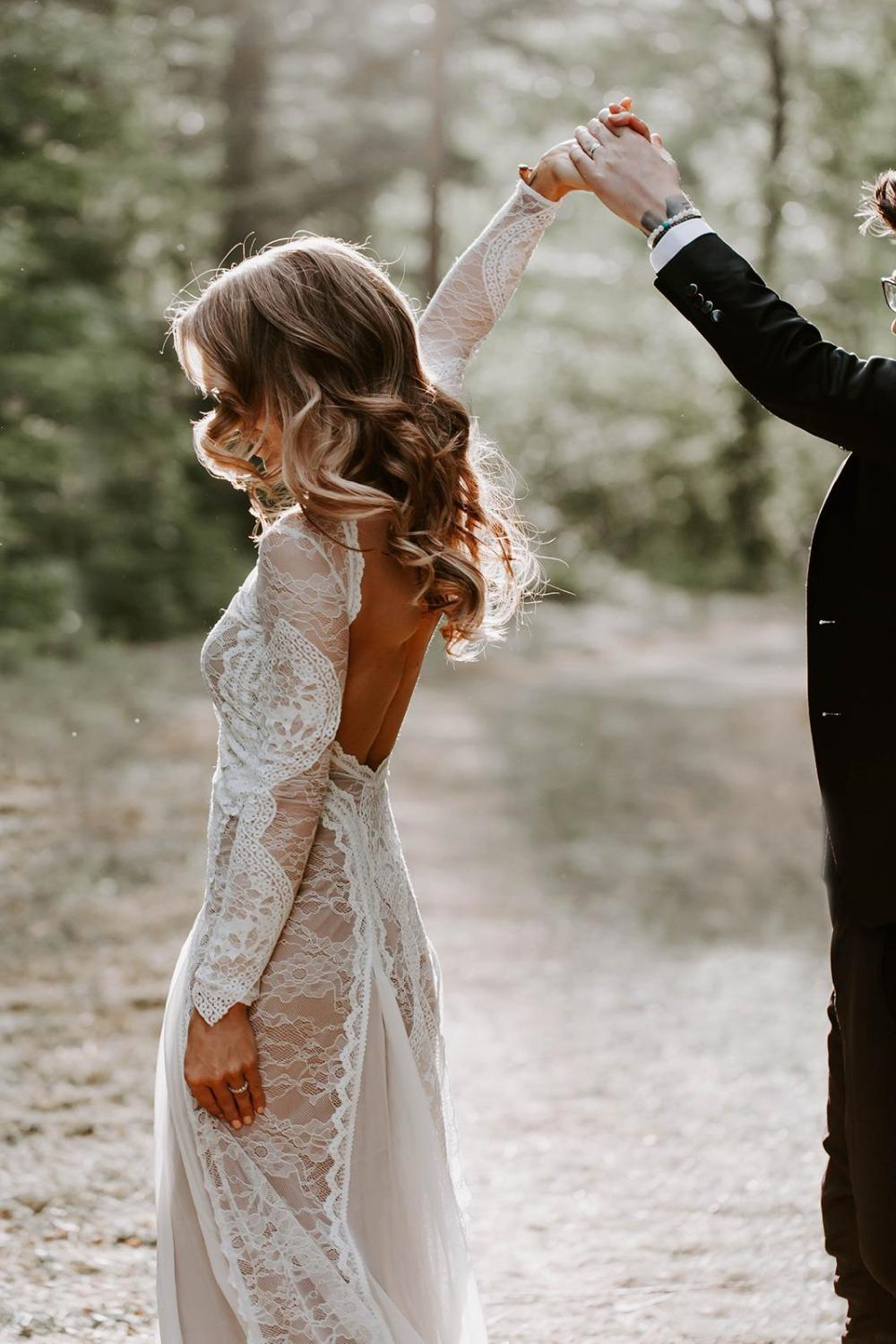 Lace Mermaid Wedding Dresses Bohemian Beach Boho Bridal Gowns Romantic France Long 2021 Bride Dress Sexy Backless Full Sleeve Illusion