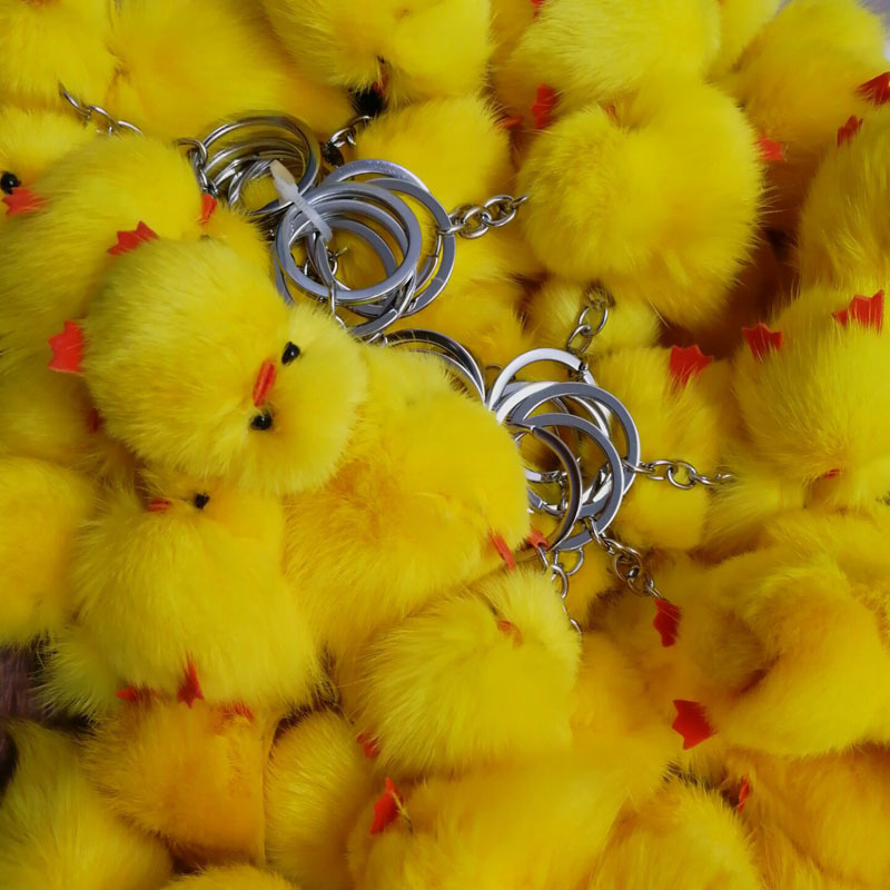 Cute little yellow chicken soft real mink fur key chain bag pendant accessories yellow duck hanging car ornament