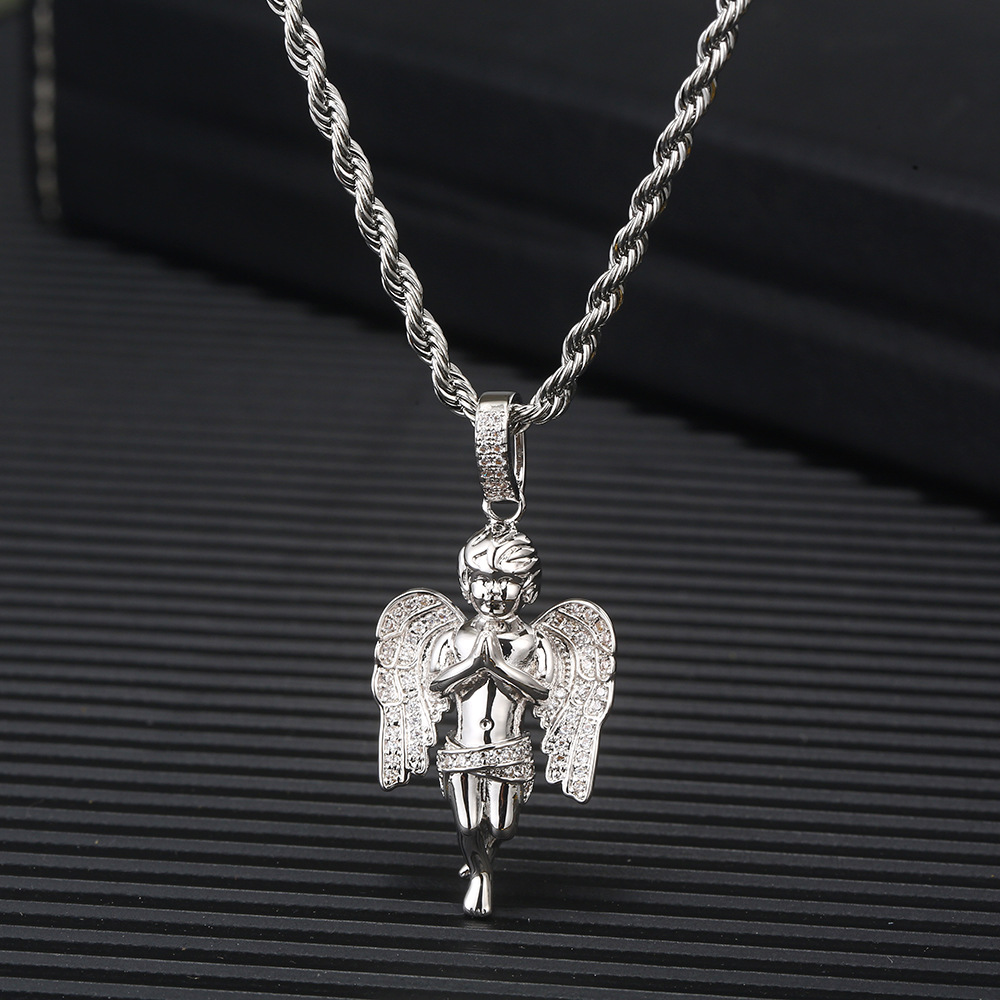 Hip Hop Prayer Angel Pendant Necklace Shining Full Diamond Stone Stainless Steel Bling Charm Pendants Jewelry