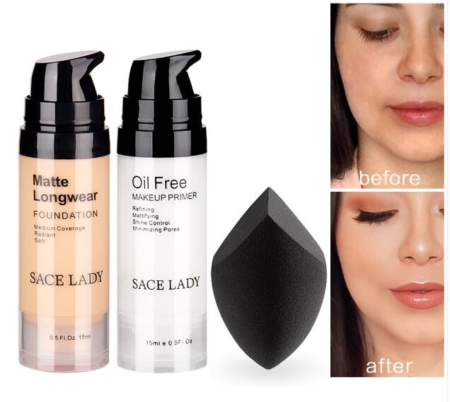 Professional makeup set matte foundation primer base make up kit oilcontrol pores liquid cream brand cosmetic puff