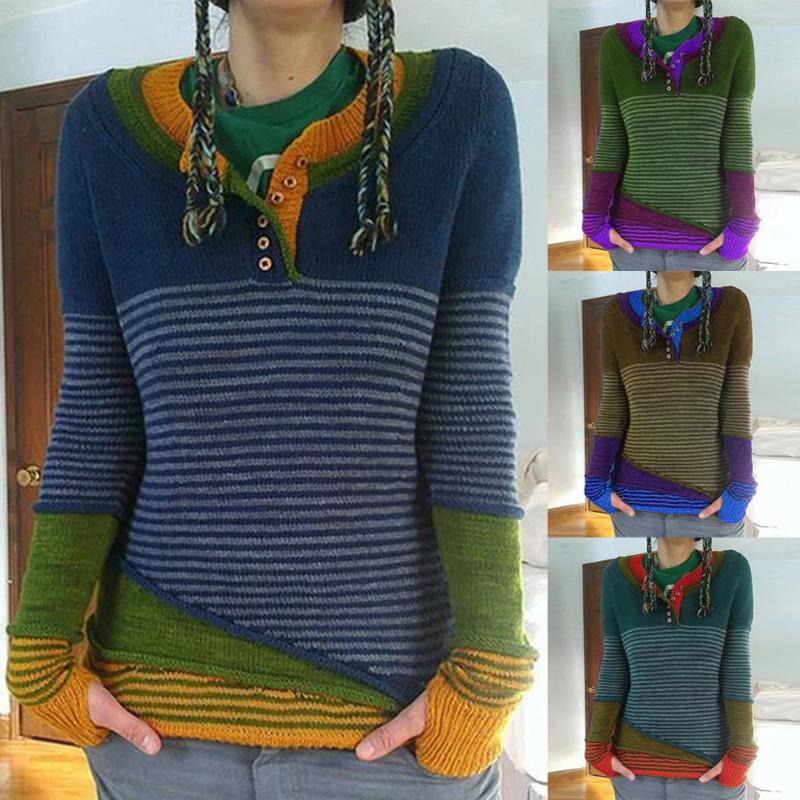 Women Vintage Casual Striped Patchwork Buttoned V-Neck Knitted Tops Sweater Dropshipping 2020 winter fashion Retro trend size, Purple
Women Vintage Casual Striped Patchwork Buttoned V-Neck Knitted Tops Sweater Dropshipping 2020 winter fashion Retro trend size, Purple