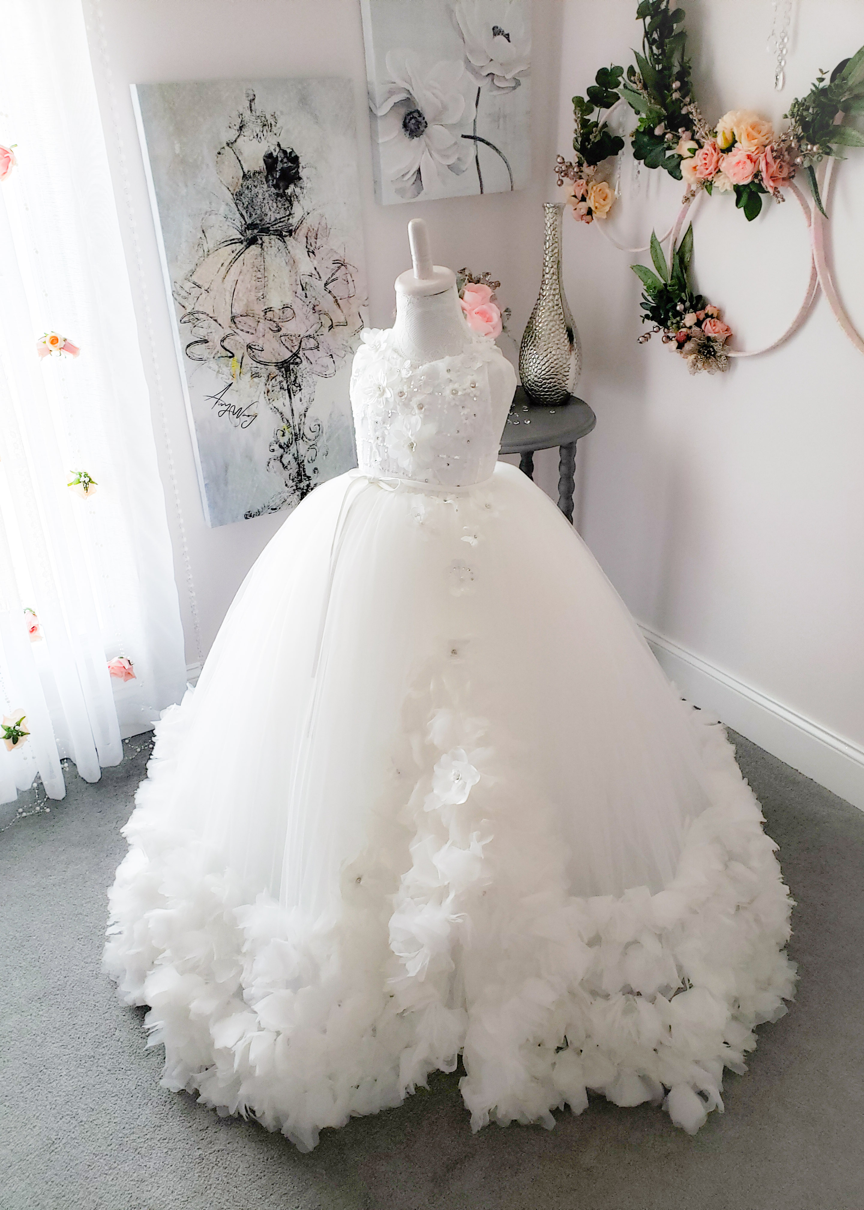 Lovely Ball Gown Flower Girl Jewel Neck Sleeveless Tulle Lace Crystal Wedding Dress Floor Length Girl's Birthday Part 0508