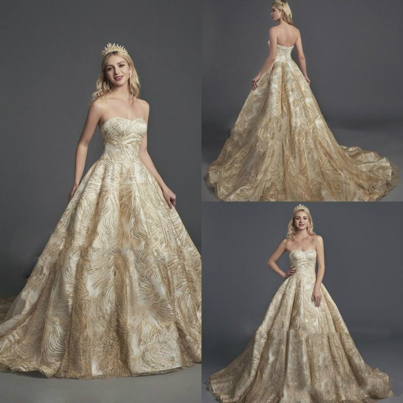 Gold Princess Royal Prom Dresses Sweetheart Sequined Glitters Shiny Evening Gowns Plus Size Special Occasion robes de soirée