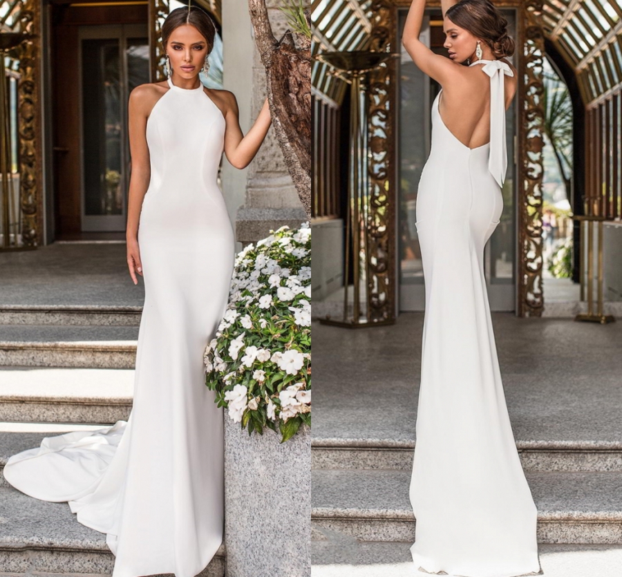 Sexy Mermaid Simple Wedding Dress 2020 Ivory Stain Wedding Gowns Elegant Backless Bride Dress Vestido De Noiva