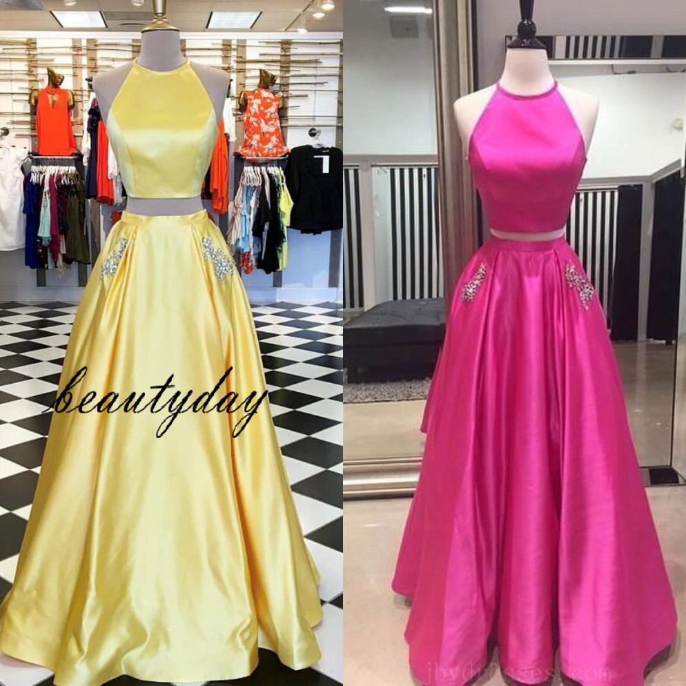 Yellow Two Pieces Prom Dresses 2019 Beads Pockets Formal Evening Party Pageant Gowns Special Occasion Dress Dubai 2k19 Black Girl Couple Day