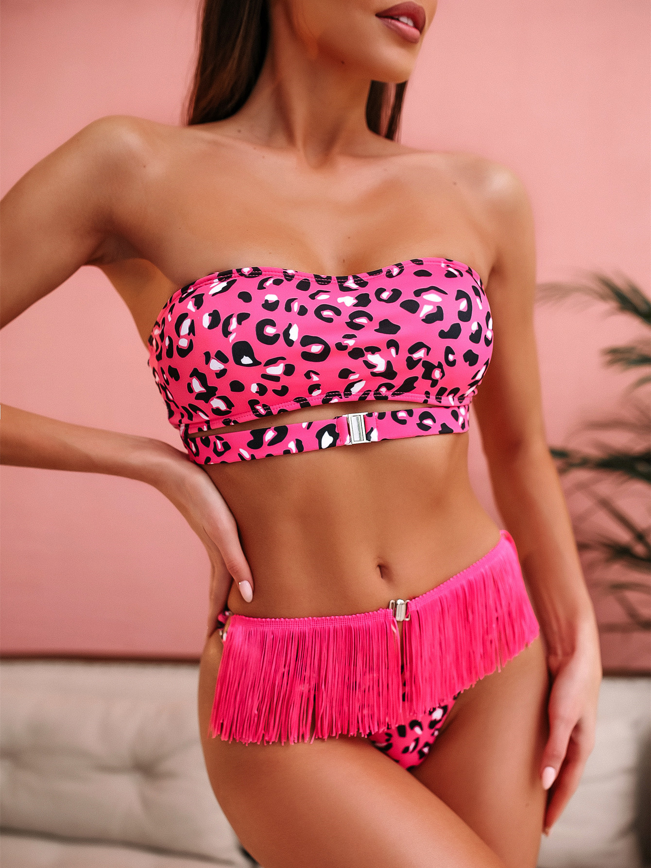 Sexy bikini push up bandeau swimwear 2020 female Leopard print swimsuit women tassel bathing suit bathers bodysuit