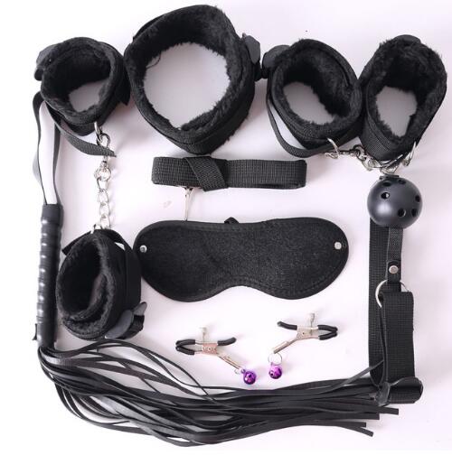 7Pcs Nylon Plush Erotic Sex Toys Adults Sex Handcuffs Whip Mouth Gag Sex Mask Bdsm Bondages Set